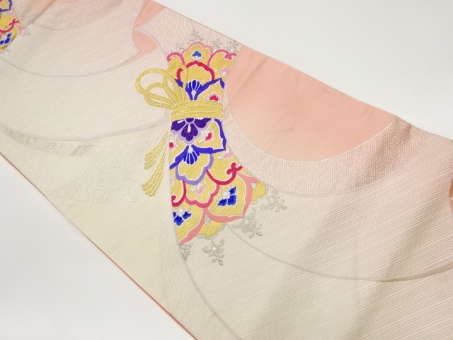 リサイクル　束ね熨斗に華紋・古典柄模様織出し袋帯